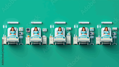 Hospital ward with female patients in beds, medical care and treatment vector illustration.