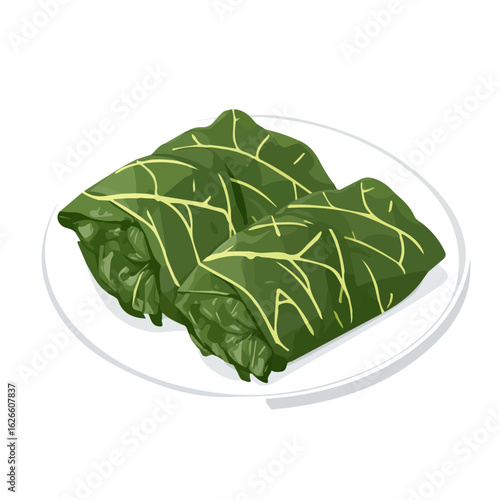 Minimal flat vector of a Dolma Stuffed Grape Leaves, 2D icon-style illustration on white background