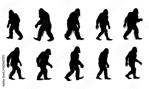 Silhouette of legendary Bigfoot creature walking — mysterious Yeti, Sasquatch enigma for folklore and cryptozoology lovers. Mythical beast shadow figure, iconic running sequence