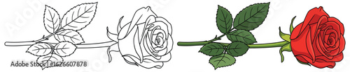 Single Rose Lying Down Coloring Page with Black and White Outline and Fully Colored Version Featuring Elegant Petals and Leaves in a Simple Design