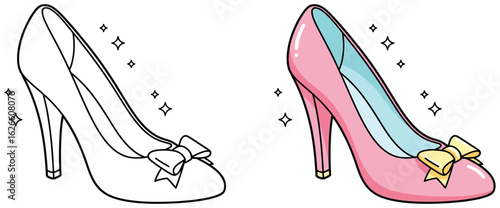 Glamorous High Heel Shoe Illustration with Sparkles – Coloring Page and Full-Color Version in Pink with Yellow Bow