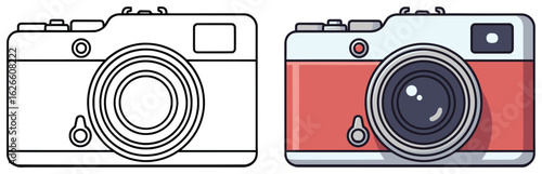 Camera Coloring Page with Black and White Outline and Fully Colored Version Featuring a Classic Design with Lens and Buttons in a Simple Cartoon Style