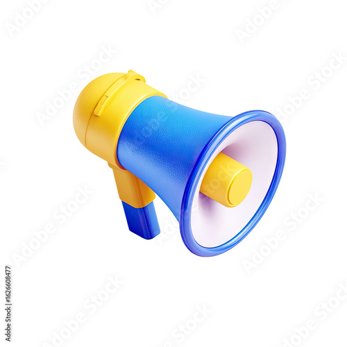 3D stylized megaphone, vibrant blue and yellow