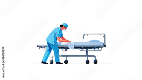 Nurse in uniform preparing a hospital stretcher bed. Medical healthcare concept vector illustration.