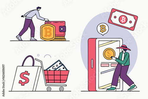 Illustration showing a man placing a bitcoin near a wallet and a man using a phone for money transfering