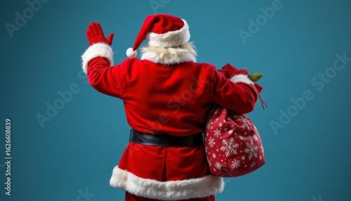Santa claus waving goodbye with gift bag festive setting holiday spirit cheerful environment back view magic of christmas