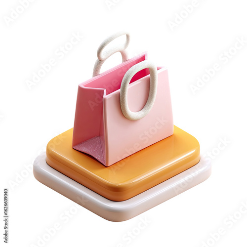 3D rendered, stylized shopping bag on stacked, pastel-colored podiums.  Pink bag with cream-colored handles.  Muted orange and light beige/cream tones.  Simple, cartoonish graphic design