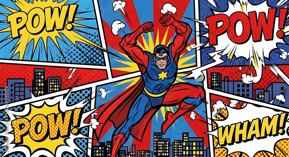 Obraz premium Dynamic comic book art depicting a powerful superhero in action with explosive sound effects