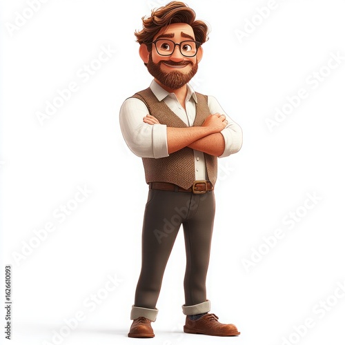 Friendly animated man with glasses, stylish hair, and confident pose wearing a vest and pants, isolated on a clean background