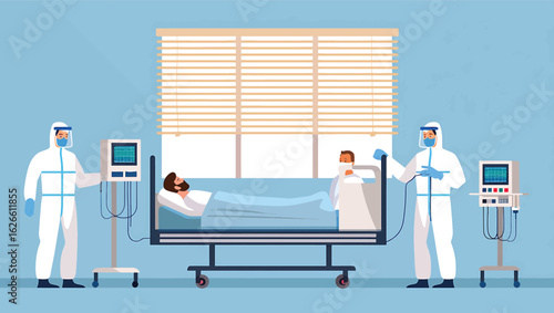Medical professionals in protective suits providing care to a patient in an intensive care unit vector concept