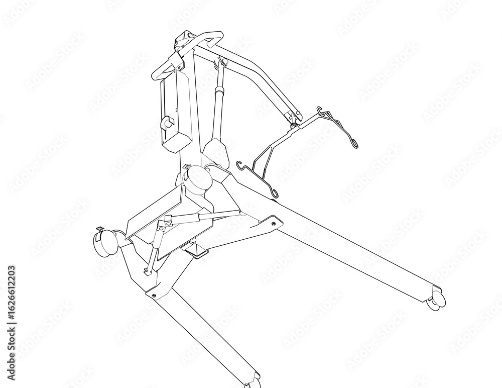 Obraz premium A monochrome Wireframe Depiction of a medical patient lift. This Technical Drawing is a Simple Line Art Outline Illustration, showing the equipment for patient transfer and care in healthcare