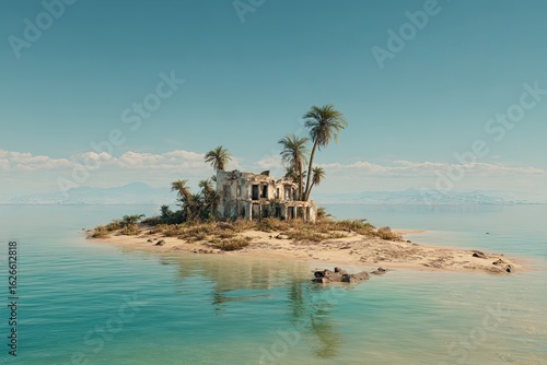 Deserted island with a crumbling mansion