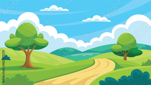 Vibrant summer landscape with winding path and rolling hills