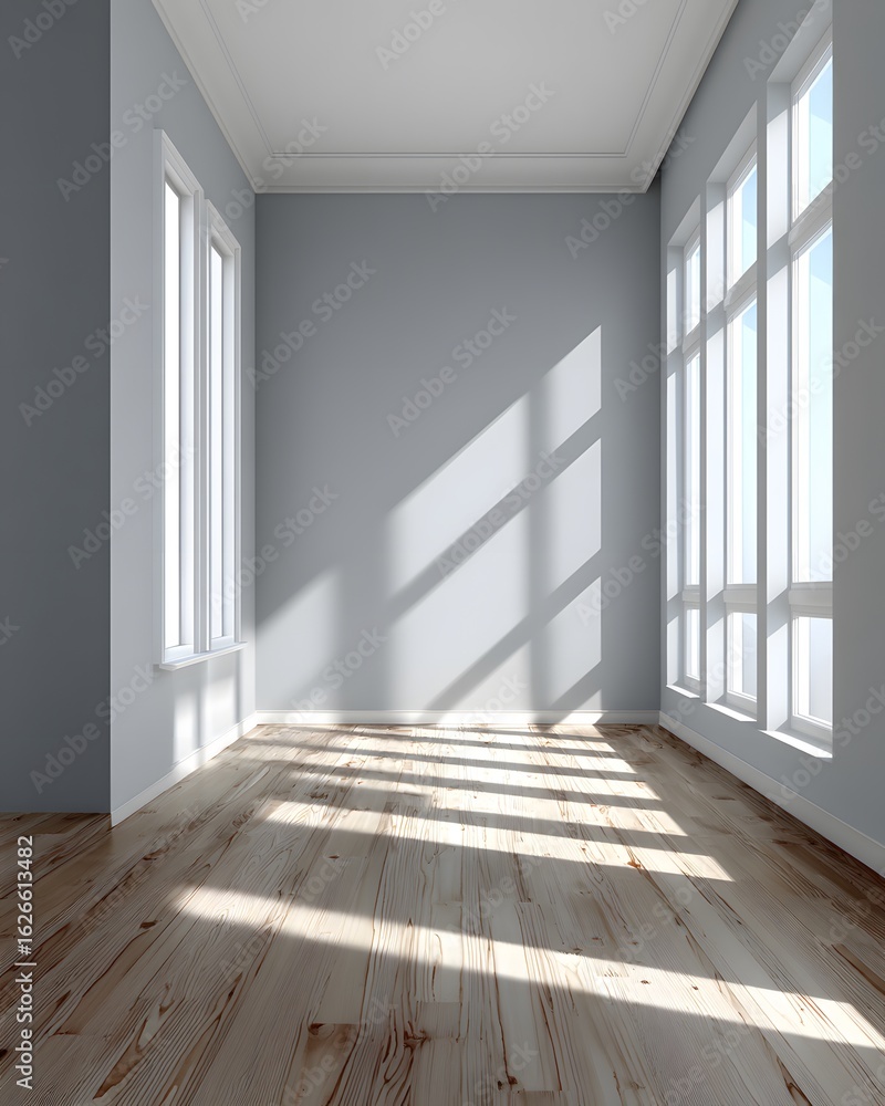 Fototapeta premium modern empty living space with light grey walls, white ceiling, seamless wooden floor, vertical daylight casting clean shadows, 3d render