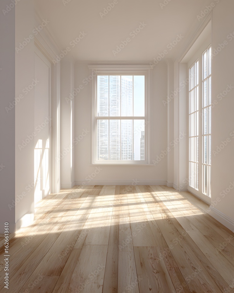 Fototapeta premium empty apartment with warm daylight entering through upper window, minimal vertical composition, no furniture, clean design, 3d render