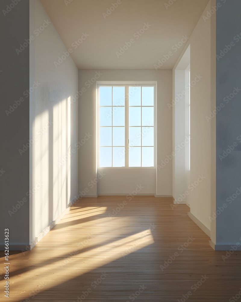Obraz premium empty apartment with warm daylight entering through upper window, minimal vertical composition, no furniture, clean design, 3d render