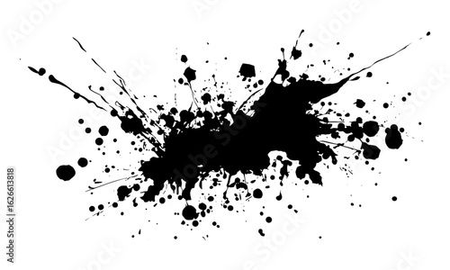 Black paint splatter and ink splash isolated on transparent background, vector illustration. Abstract grunge blot, dripped stain texture, artistic brush design, monochrome liquid art