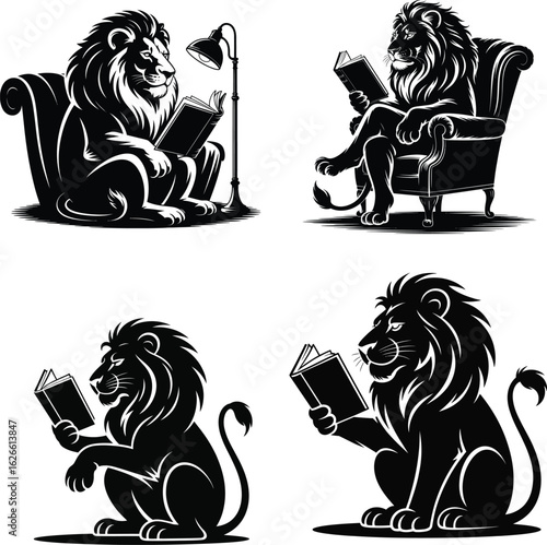 Lions reading books in chairs and on floor lamp