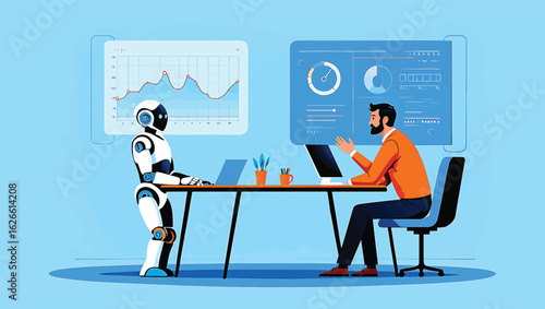 AI robot and businessman collaborating on data analysis. Futuristic workplace technology vector illustration.
