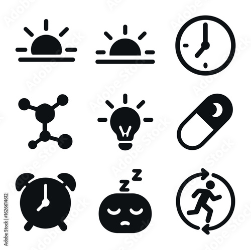 Circadian Rhythm Icons. Solid, filled icons set of circadian rhythm and body clock: sun rising, sun setting,