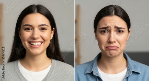 A split-screen image showing a young woman's contrasting emotions. On the left, she is smiling happily, and on the right, she is frowning and looking sad.