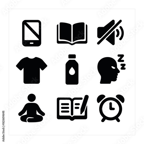 Better Sleep Icons. Solid, filled icons set of tips for better sleep: avoid screens, read book, reduce noise,