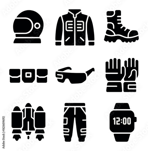 Futuristic Spacewear Icons. Solid, filled icons set of futuristic streetwear for space exploration: space