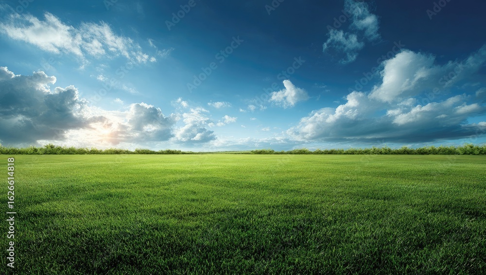 Obraz premium Vast expanse of vibrant green grass stretches under a partly cloudy, bright blue sky. Sunlight filters through the clouds