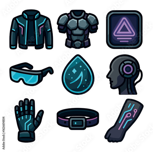 Cyberpunk Spacewear Icons. Solid, filled icons set of cyberpunk spacewear elements: neon trims, metallic armor