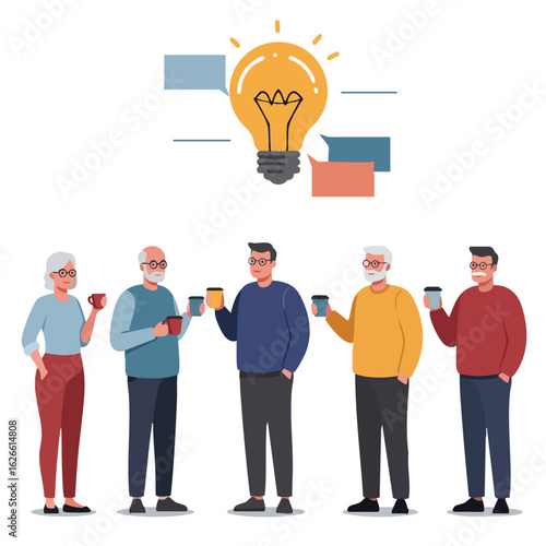 Diverse group of people sharing ideas and enjoying coffee, symbolizing teamwork and brainstorming with a bright light bulb.