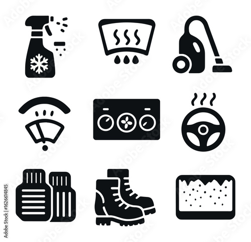 Winter Car Care Icons. Solid, filled icons set of winter car cleaning process: ice melting spray, windshield