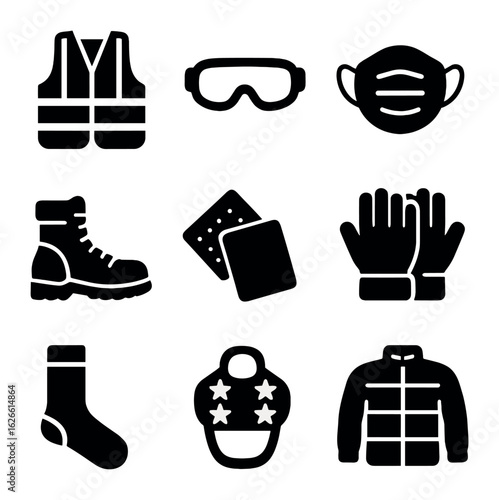 Snow Safety Gear Icons. Solid, filled icons set of snow clearing safety equipment: reflective vest, safety