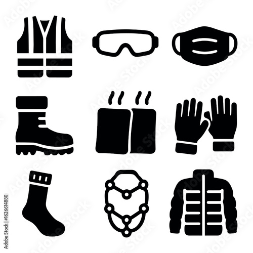 Snow Safety Gear Icons. Solid, filled icons set of snow clearing safety equipment: reflective vest, safety