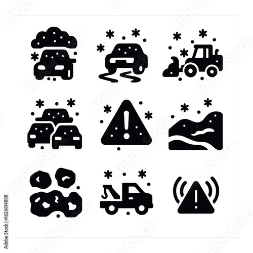 Snowstorm Driving Hazards. Solid, filled icons set of snowstorm driving hazards: reduced visibility, slippery