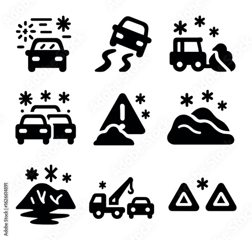 Snowstorm Driving Hazards. Solid, filled icons set of snowstorm driving hazards: reduced visibility, slippery
