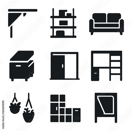 Compact Living Icons. Solid, filled icons set of small space living solutions: foldable table, wall-mounted
