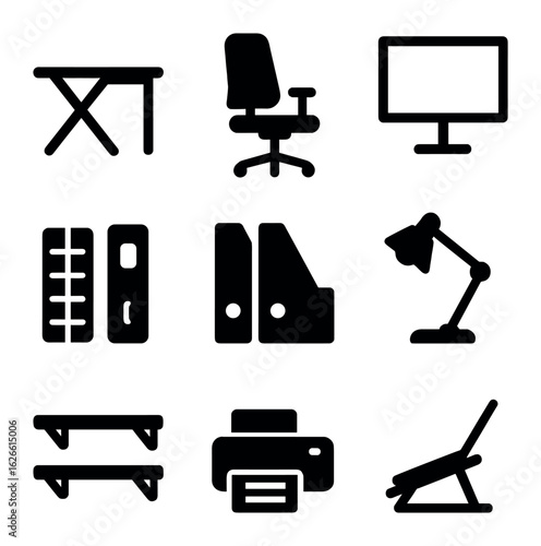 Home Office Icons. Solid, filled icons set of home office in small space: foldable desk, ergonomic chair, wall