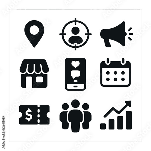 Localized Marketing Icons. Solid, filled icons set of localized marketing campaigns: map pin, target audience,