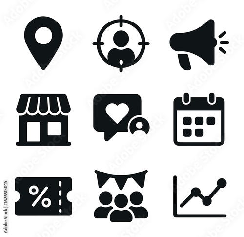 Localized Marketing Icons. Solid, filled icons set of localized marketing campaigns: map pin, target audience,