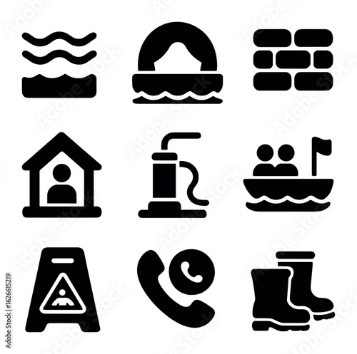 Flood Response Icons. Solid, filled icons set of flood response: water rising, life raft, sandbag wall,