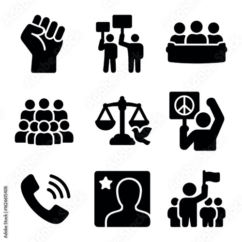 Political Activism Icons. Solid, filled icons set of political activism: raised fist, picket line, banner,