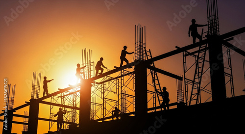  Silhouette of Construction Workers Team on Site at Sunset