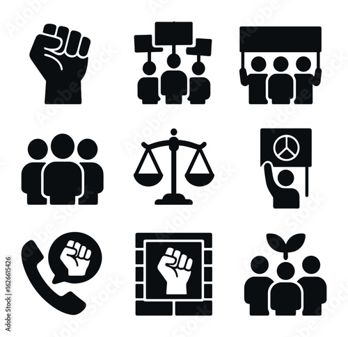 Political Activism Icons. Solid, filled icons set of political activism: raised fist, picket line, banner,