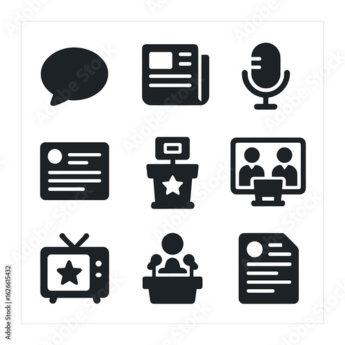 Political Communication Icons. Solid, filled icons set of political communication: speech bubble, newspaper,