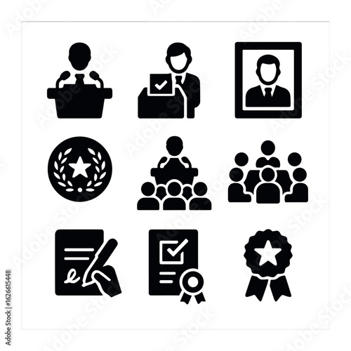 Political Leadership Icons. Solid, filled icons set of political leadership: podium, election campaign,