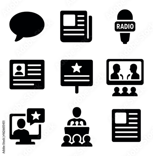 Political Communication Icons. Solid, filled icons set of political communication: speech bubble, newspaper,