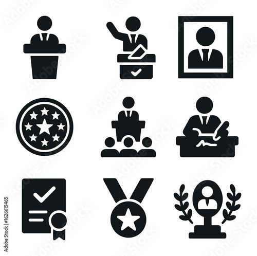 Political Leadership Icons. Solid, filled icons set of political leadership: podium, election campaign,