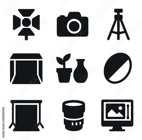 Creative Photography Icons. Solid, filled icons set of creative product photography concepts: spotlight,
