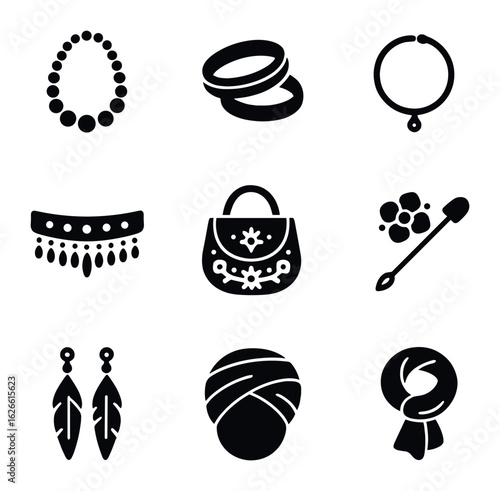 Ethnic Jewelry Icons. Solid, filled icons set of ethnic jewelry and accessories: beaded necklace, bangles,