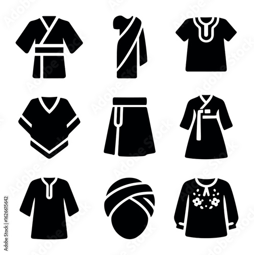 Ethnic Clothing Icons. Solid, filled icons set of ethnic clothing: kimono, sari, dashiki, poncho, kilt, hanbok